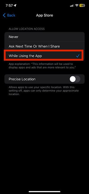 Select while using the app in app store