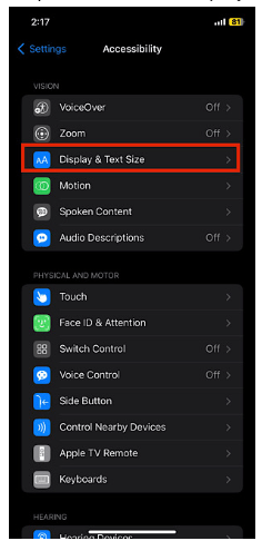 Display and text size” option