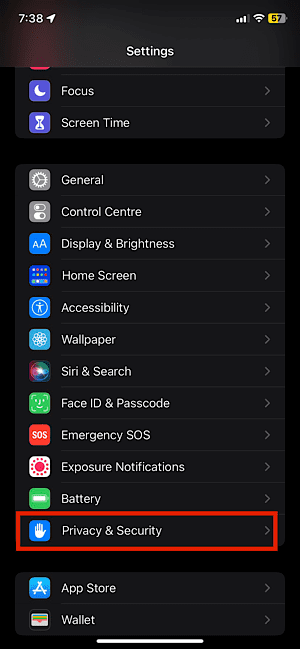 Select the Privacy and Security option