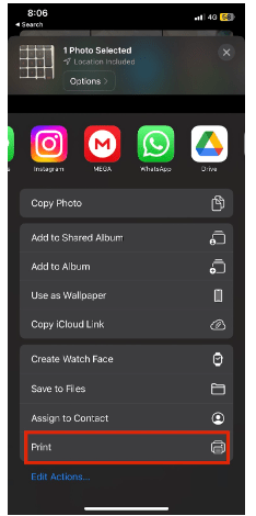 Scroll down and tap on the “Print” option