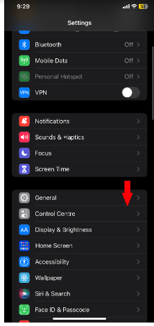 Scroll down and tap on the control center