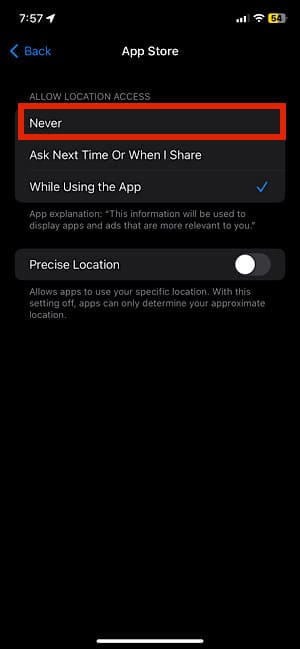 Select Never tap in allow location access