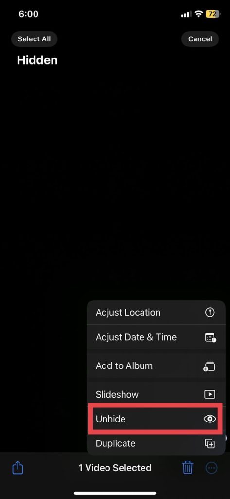 Click on unhide videos from iPhone