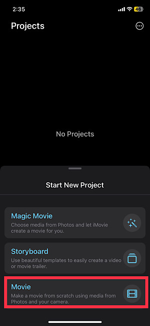 Swipe up from the bottom to start a new project