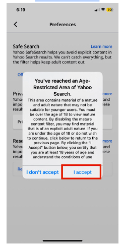  Tap on “I agree- turn off safe search on iPhone