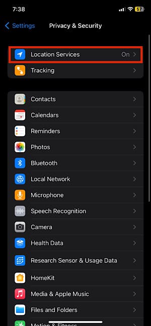 Tap on Location Services.