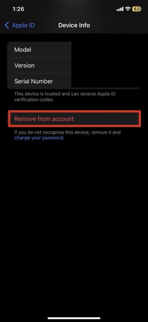 Tap on the “remove from account” option in red.