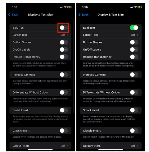 Bold text on iphone. Turn the bolt text switch on