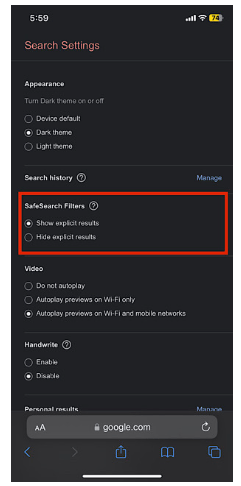 Under the SafeSearch Filters settings select “Show explicit results
