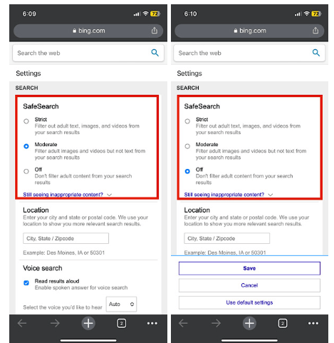  tap on moderate - turn off safe search on iPhone