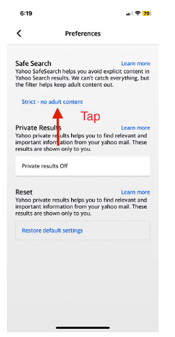 tap on the drop-down - turn off safe search on iPhone