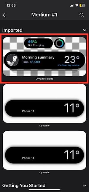 Scroll down and select the dynamic island widget you imported