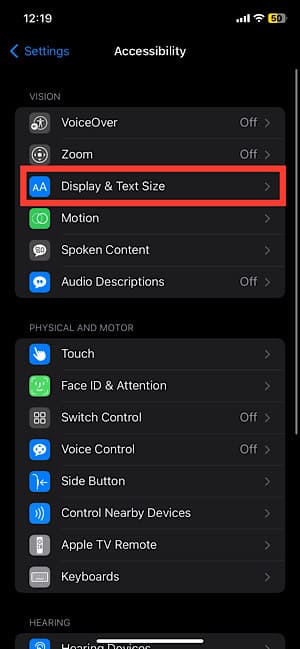 Select Display & Text Size in iPhone setting