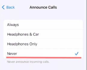 Select Never in Announce Calls option