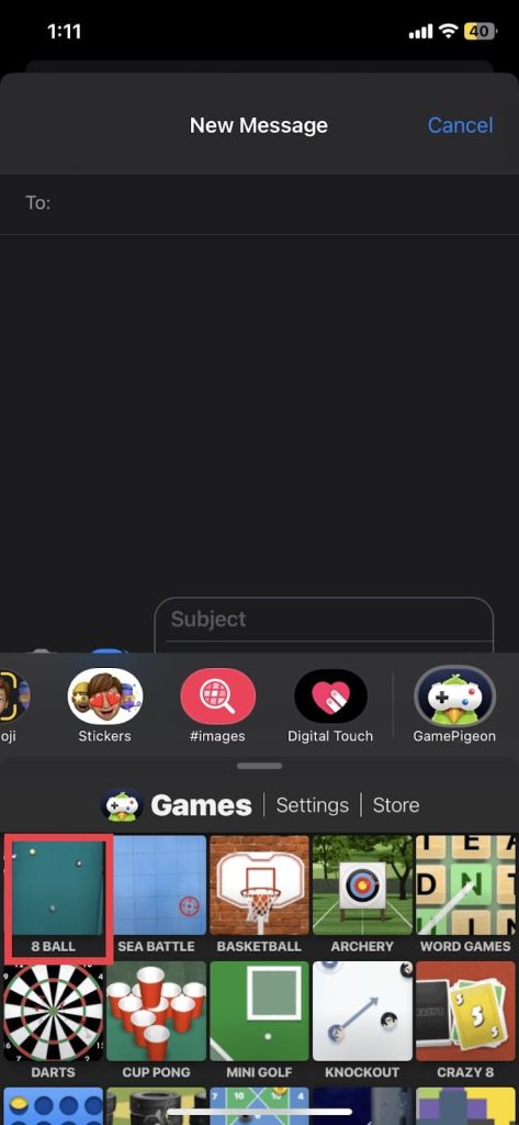 Select the GamePigeon app and then select 8 Ball