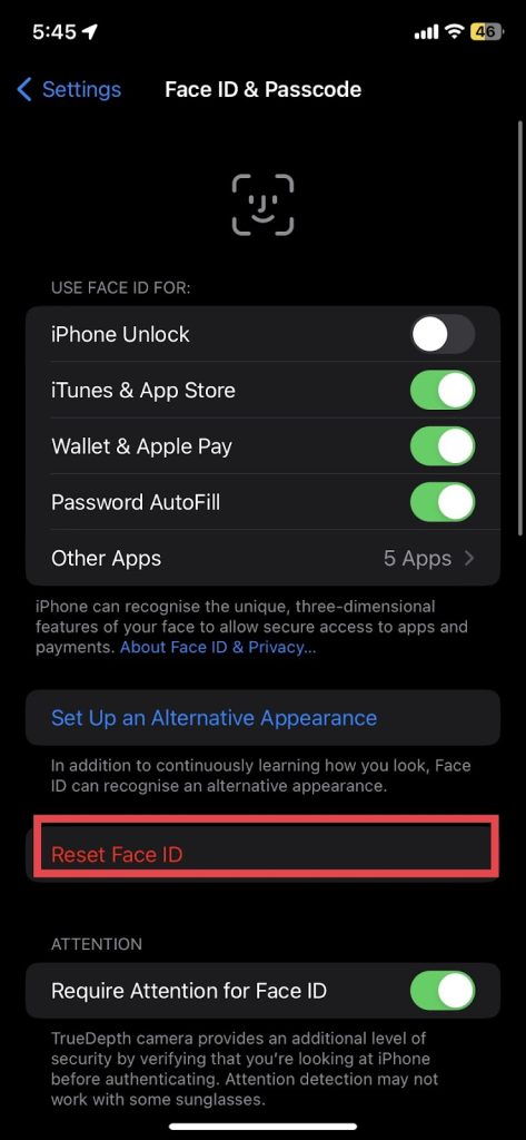 Select the Reset Face ID option in red. 