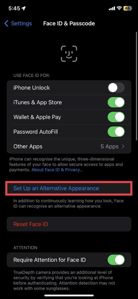 Select the Set Up an Alternative Appearance option
