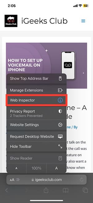 Select the Web Inspector extension