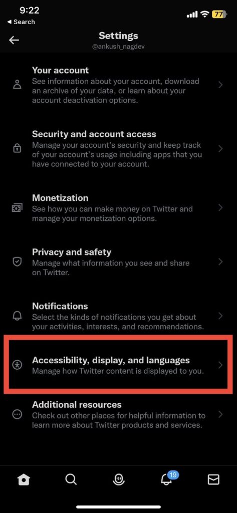 Select the accessibility, display, and language option