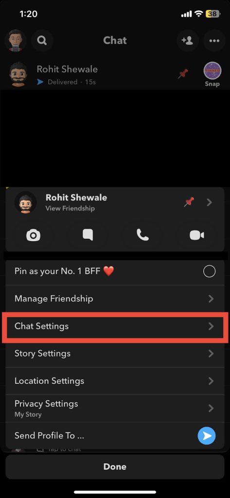 Select the chat settings option from the pop-up menu