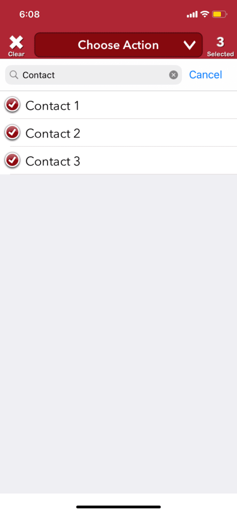 Select the contacts to be deleted by selecting the circle on the left-hand side of the contact