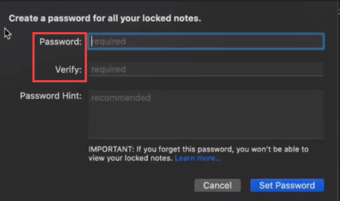 Set a password and verify it for lock note