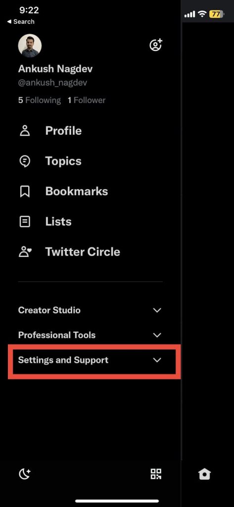 Swipe down and select the settings and support option.
