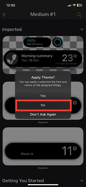  Tap on “no” on the apply theme dialogue box