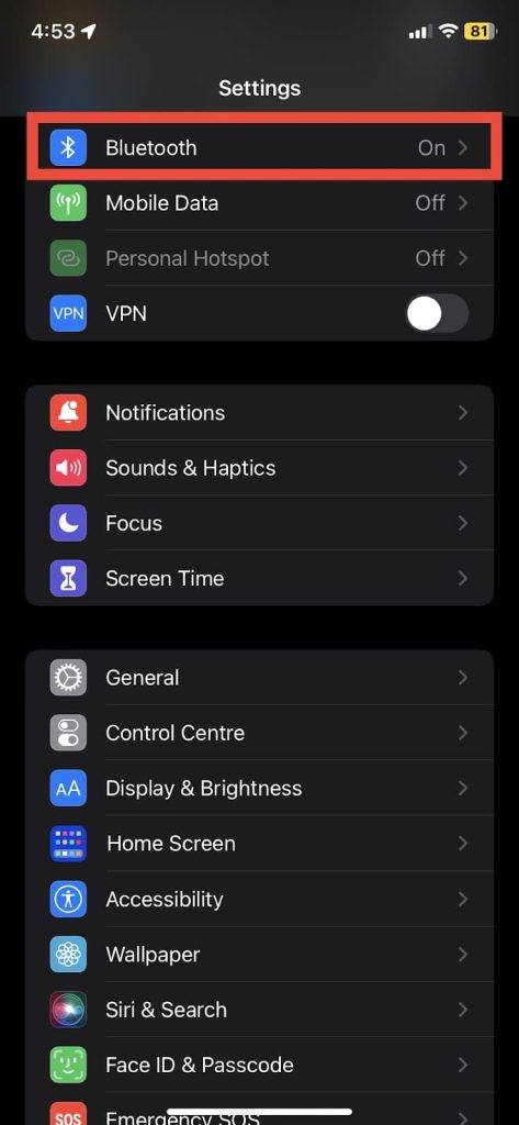 Select Bluetooth for Connecting AirPod to iPhone