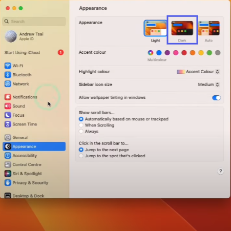 Select “dark” under the appearance heading