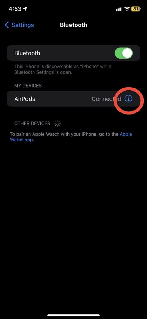 Select the circular ‘i’ button next to your AirPods.