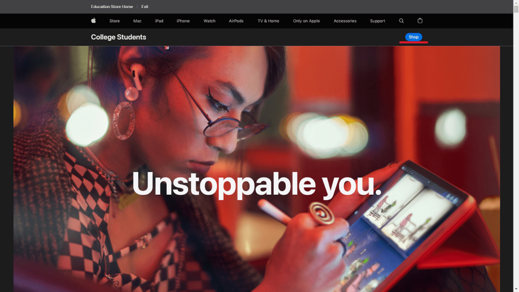 Select the shop option for apple student discount