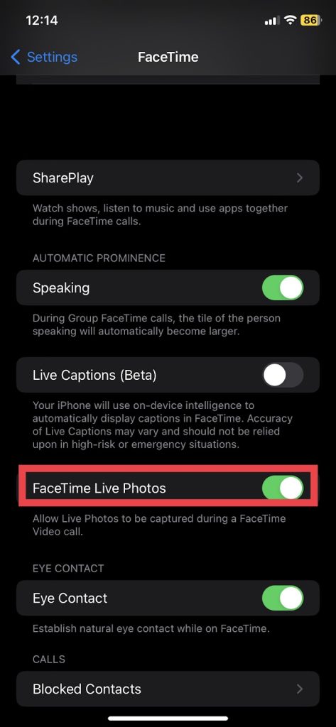 Swipe up and turn the FaceTime Live Photos switch on