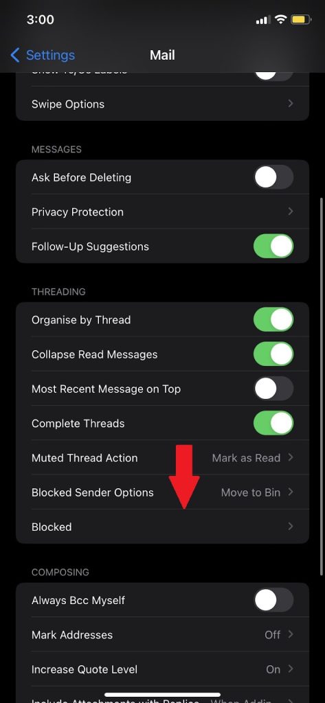 Under the Threading settings tap on blocked