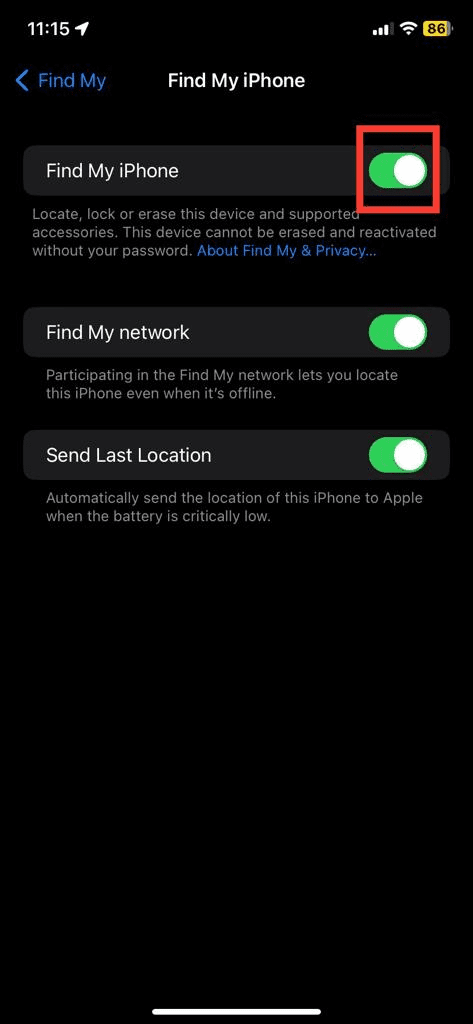 Find My iPhone is turned on