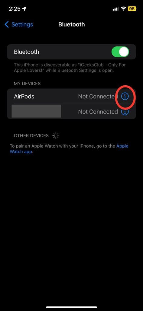 Select the ‘i’ button next to your AirPods