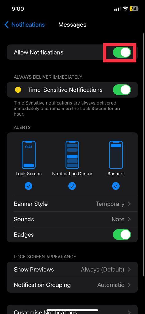 Turn off the allow notification switch