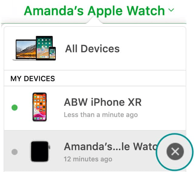 Click the “X” button that is right next to the Apple Watch in all devices list to remove it from your account.