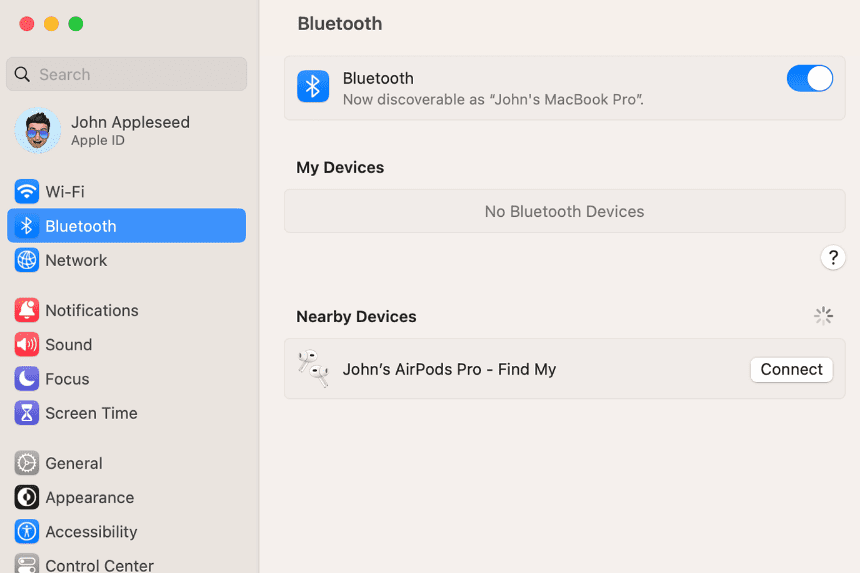 Select the connect button next to your AirPods in the Bluetooth menu of your AirPods