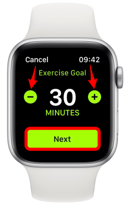 select Next to change the exercise and stand goal