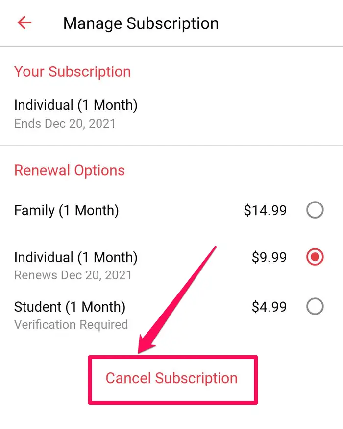 Select the cancel subscription option in red