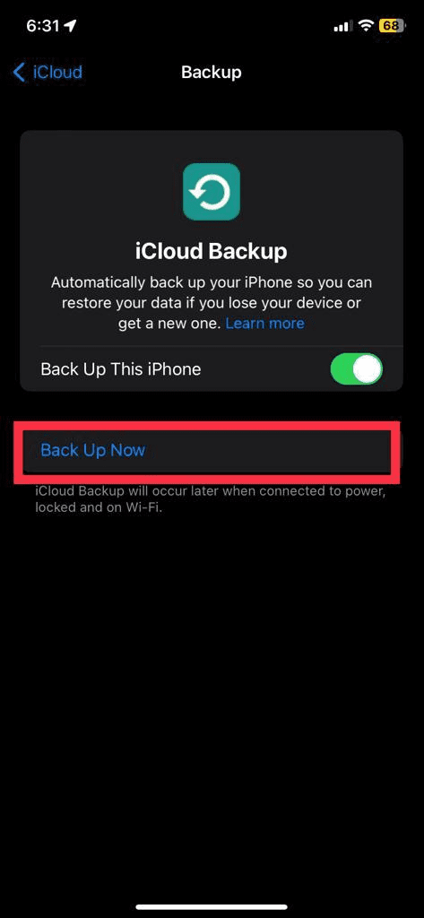 backup now option in blue. 