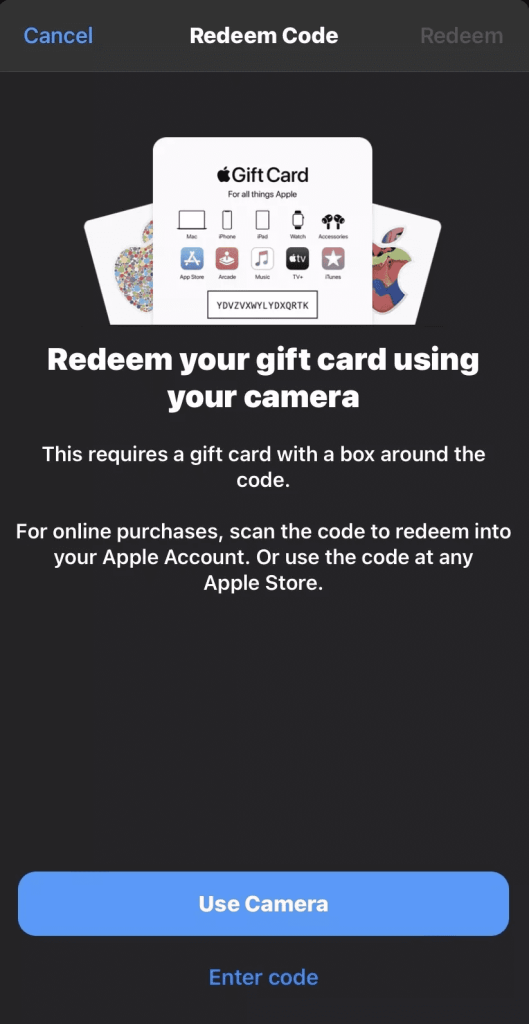 Redeem apple gift card-Camera