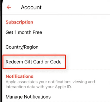 Select the redeem gift or code